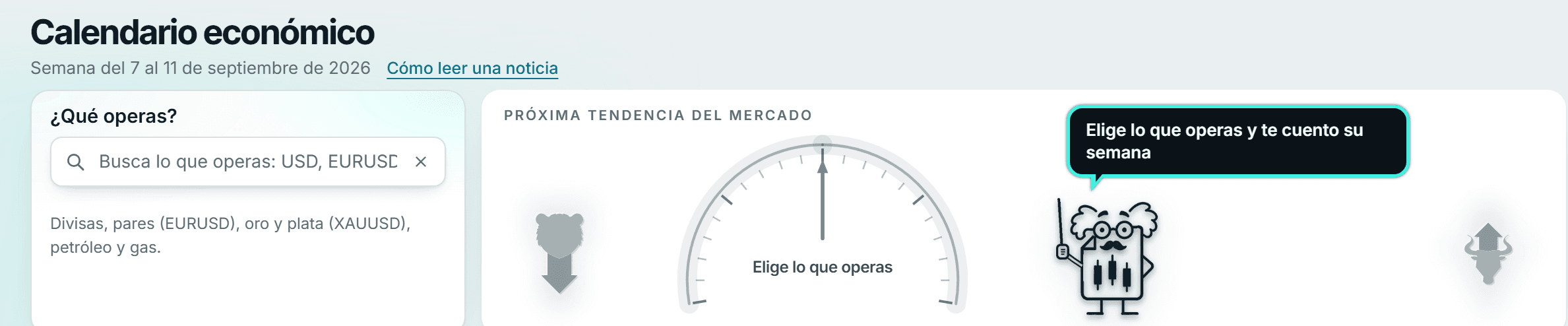 El calendario económico de Memorando, con el buscador «¿Qué operas?» y el medidor de la semana